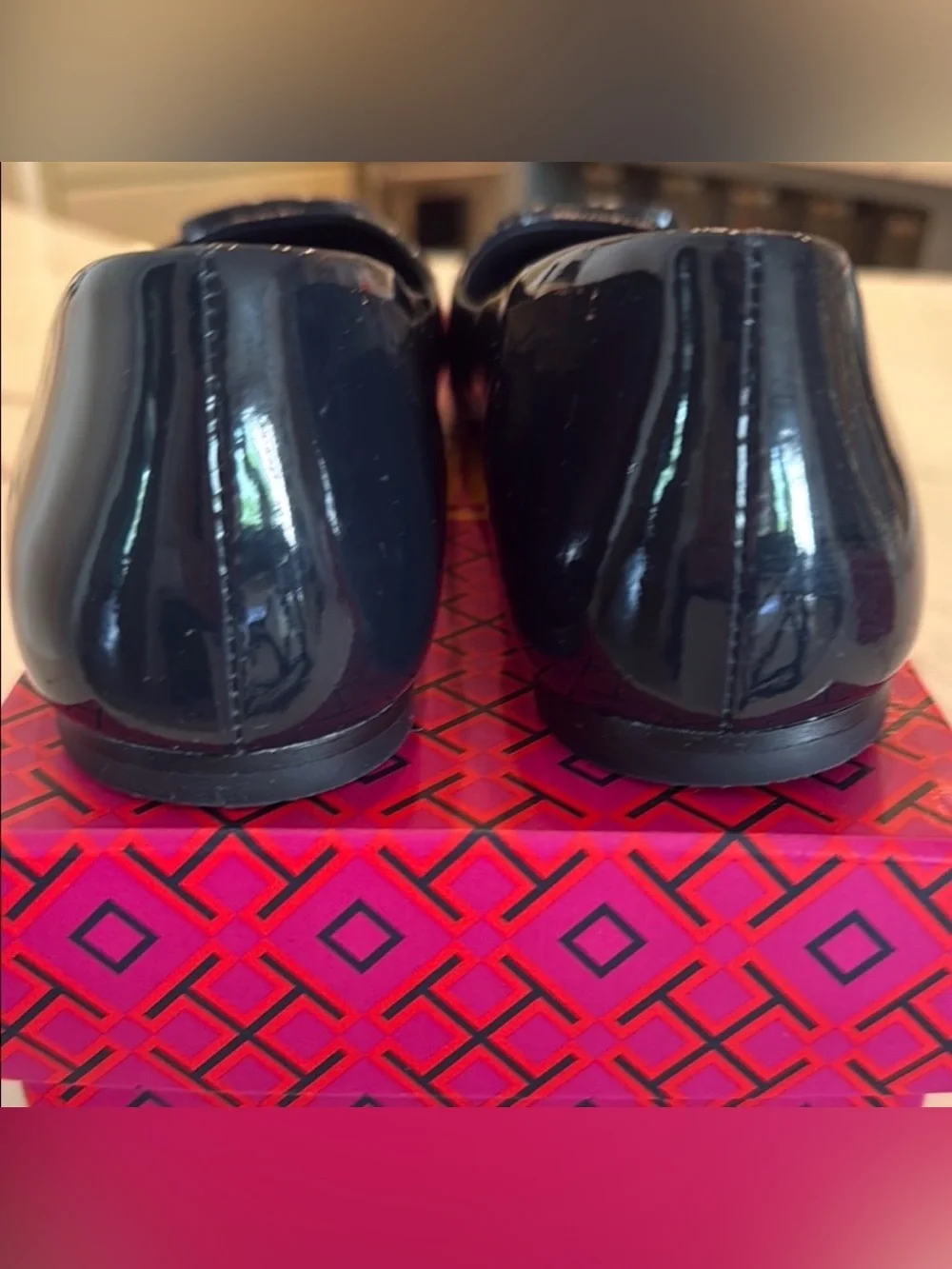 Tory Burch Georgia Patent Leather Logo Square-Toe Ballet Flats